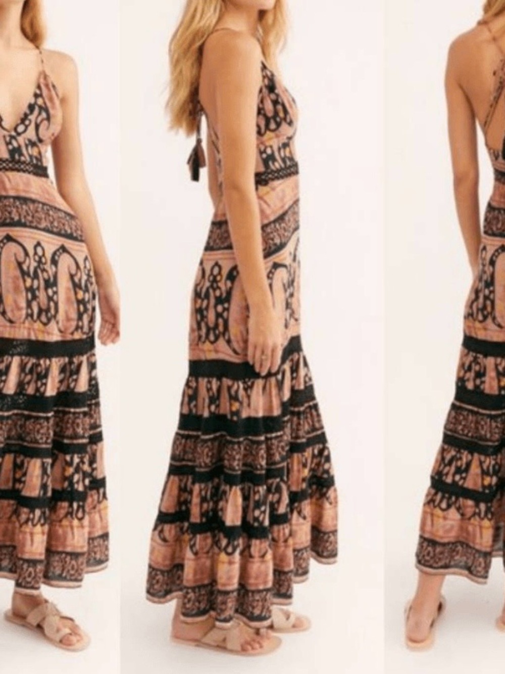 Free People Brown Patterned Halter Maxi Dress